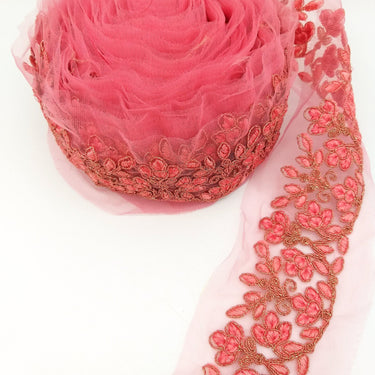 Pink Net Fabric Lace Trim with Floral Embroidery, Lace Trim, Sari Border